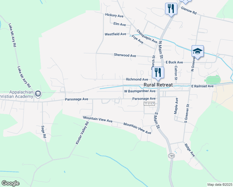 map of restaurants, bars, coffee shops, grocery stores, and more near 413 West Baumgardner Avenue in Rural Retreat