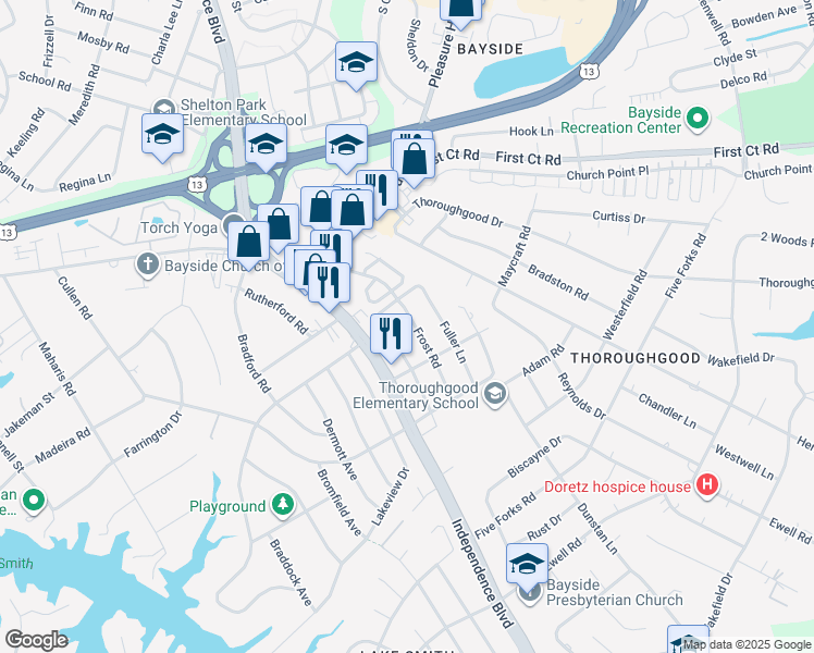 map of restaurants, bars, coffee shops, grocery stores, and more near 1572 Eagleton Lane in Virginia Beach
