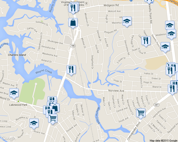 map of restaurants, bars, coffee shops, grocery stores, and more near 6219 Sedgefield Drive in Norfolk