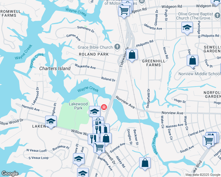 map of restaurants, bars, coffee shops, grocery stores, and more near 6115 Tidewater Drive in Norfolk