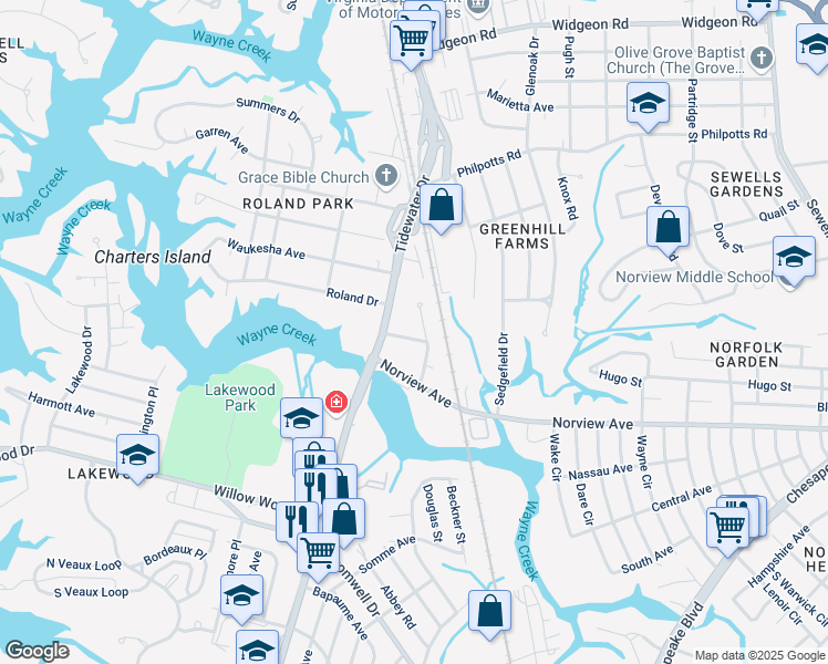 map of restaurants, bars, coffee shops, grocery stores, and more near 803 Brightley Road in Norfolk