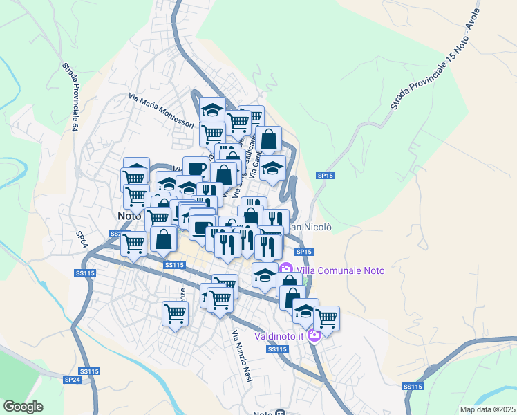 map of restaurants, bars, coffee shops, grocery stores, and more near Via Ascenso Mauceri in Noto