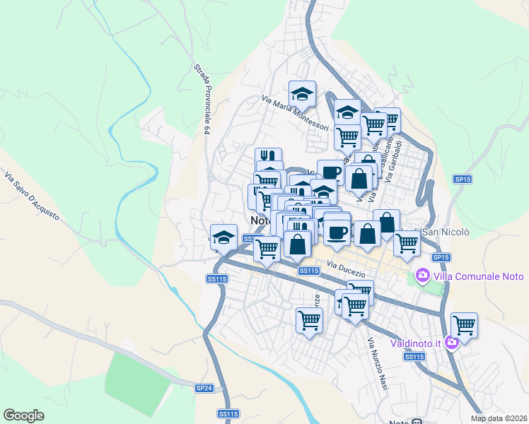 map of restaurants, bars, coffee shops, grocery stores, and more near 17 Via Tommaso Fazello in Noto
