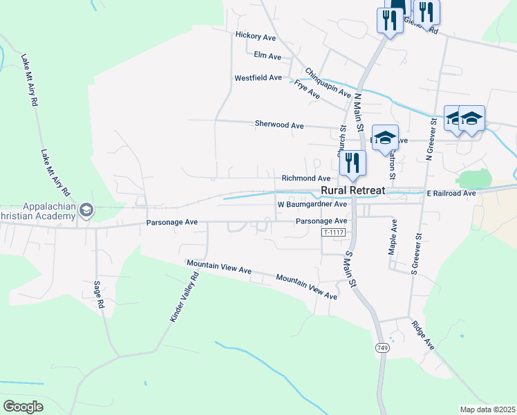 map of restaurants, bars, coffee shops, grocery stores, and more near 413 West Baumgardner Avenue in Rural Retreat