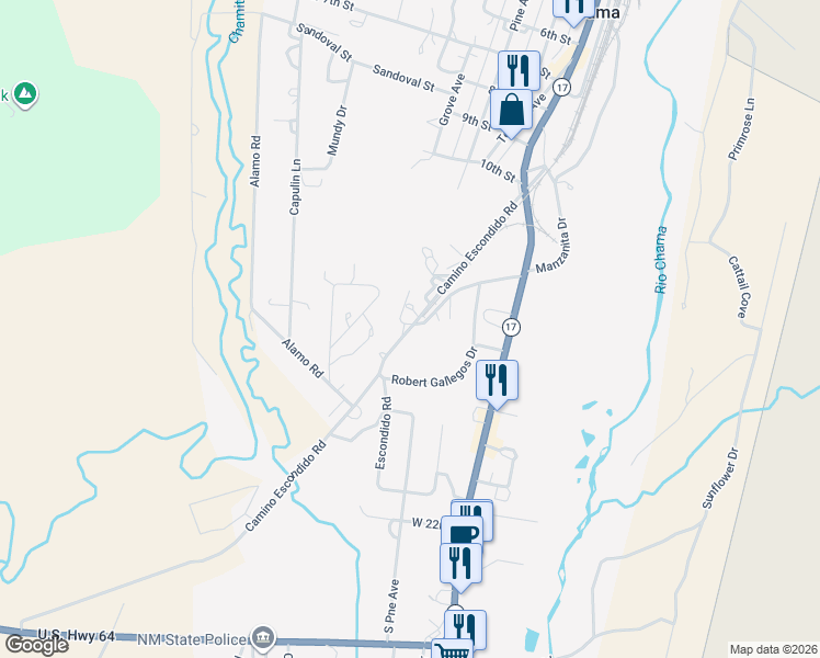map of restaurants, bars, coffee shops, grocery stores, and more near Camino Escondido in Chama