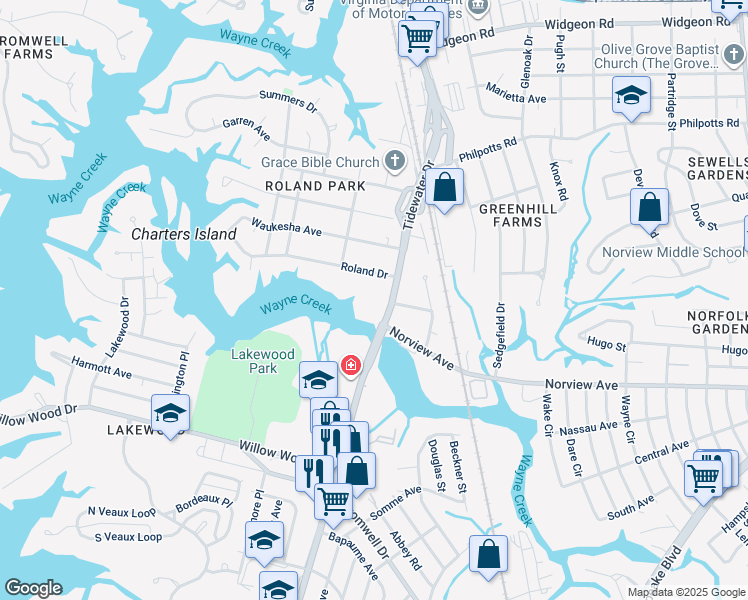 map of restaurants, bars, coffee shops, grocery stores, and more near 6115 Tidewater Drive in Norfolk