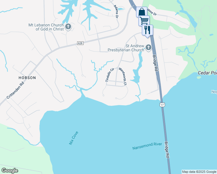 map of restaurants, bars, coffee shops, grocery stores, and more near 324 Tindalls Court in Suffolk