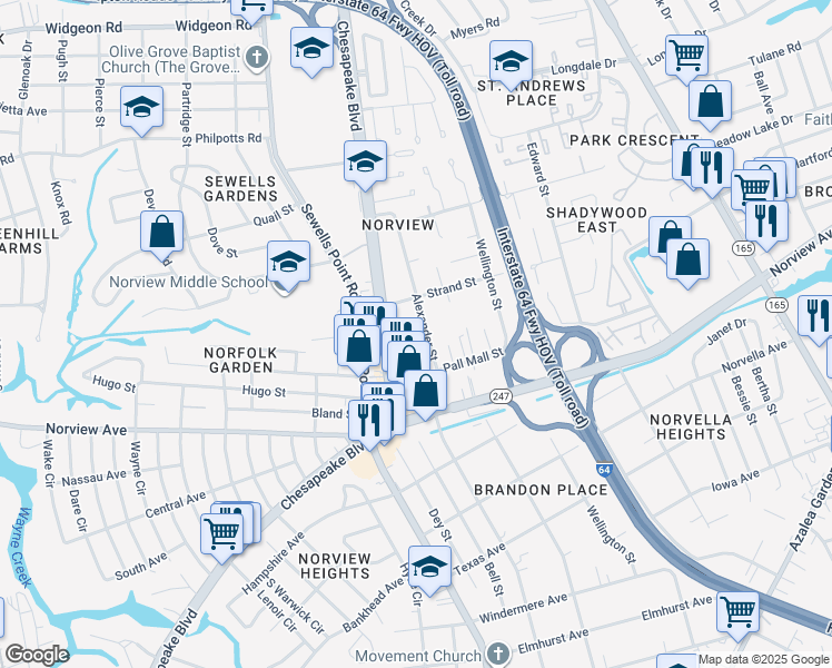 map of restaurants, bars, coffee shops, grocery stores, and more near 6224 Chesapeake Boulevard in Norfolk
