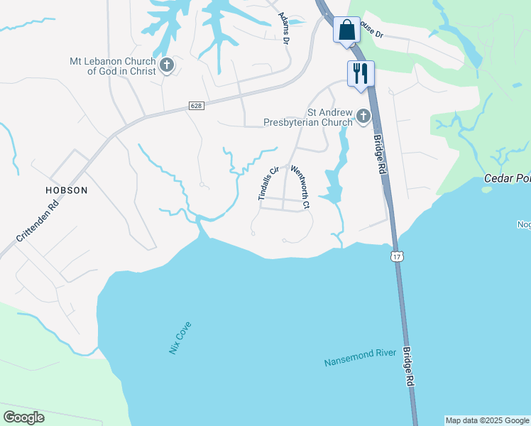 map of restaurants, bars, coffee shops, grocery stores, and more near 324 Tindalls Court in Suffolk