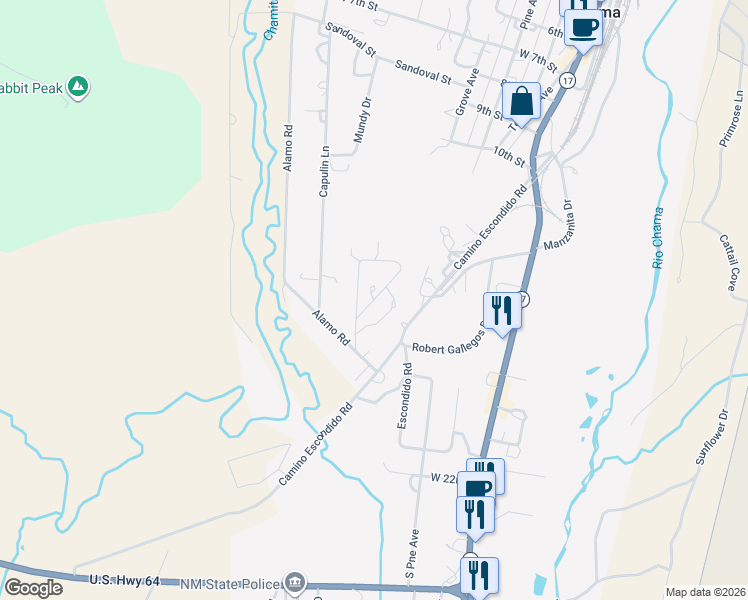 map of restaurants, bars, coffee shops, grocery stores, and more near Thistle Loop in Chama