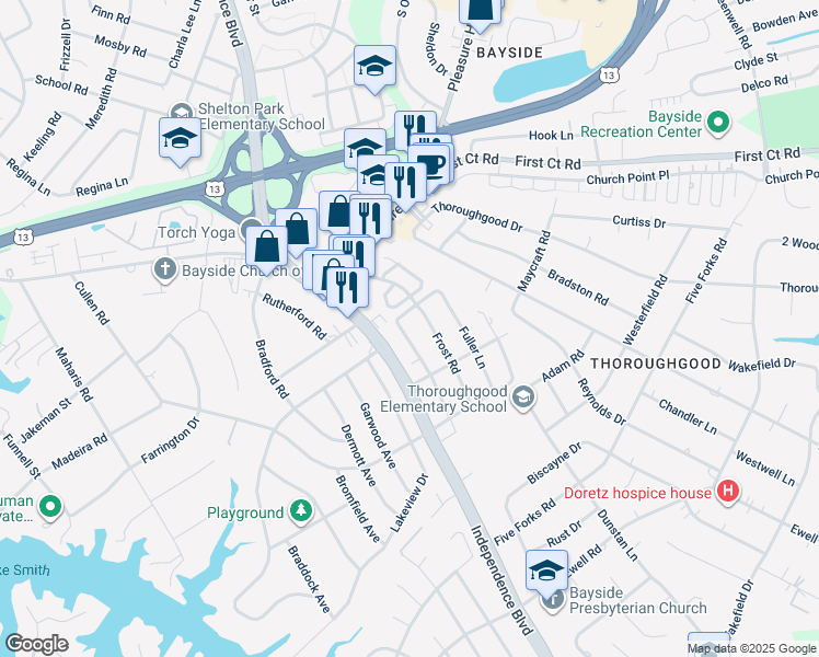 map of restaurants, bars, coffee shops, grocery stores, and more near 1584 Eagleton Lane in Virginia Beach