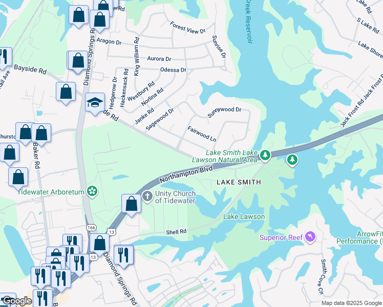 map of restaurants, bars, coffee shops, grocery stores, and more near 5420 Bayside Road in Virginia Beach
