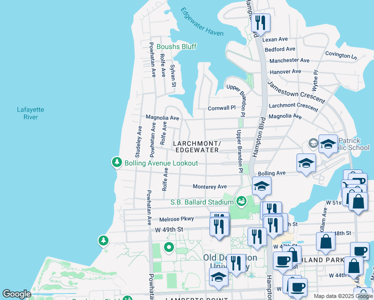 map of restaurants, bars, coffee shops, grocery stores, and more near 1418 Buckingham Avenue in Norfolk