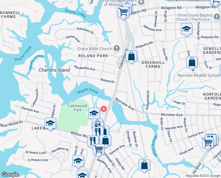 map of restaurants, bars, coffee shops, grocery stores, and more near 6115 Tidewater Drive in Norfolk