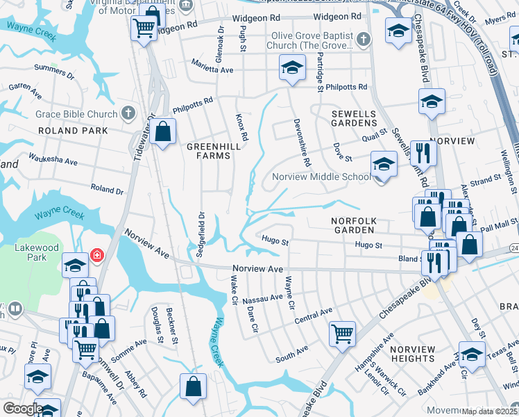 map of restaurants, bars, coffee shops, grocery stores, and more near 925 South Quail Street in Norfolk