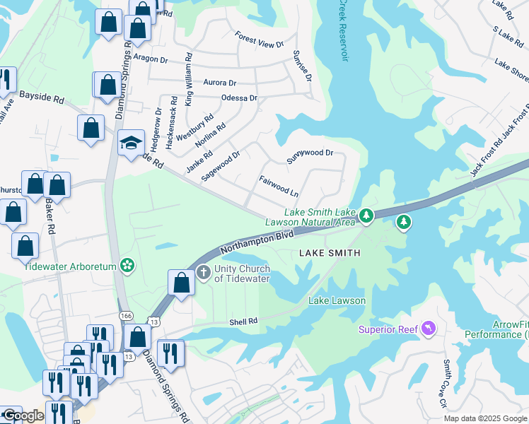 map of restaurants, bars, coffee shops, grocery stores, and more near 5420 Bayside Road in Virginia Beach