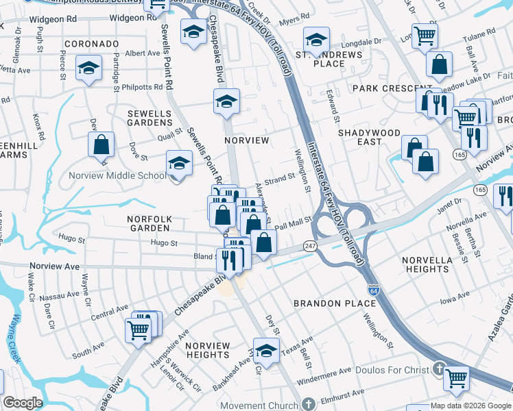 map of restaurants, bars, coffee shops, grocery stores, and more near 6224 Chesapeake Boulevard in Norfolk