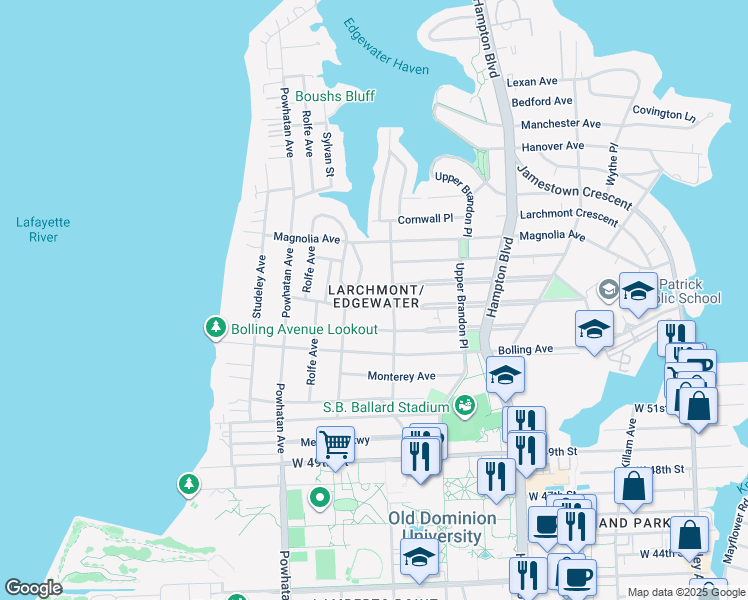 map of restaurants, bars, coffee shops, grocery stores, and more near 1410 Buckingham Avenue in Norfolk