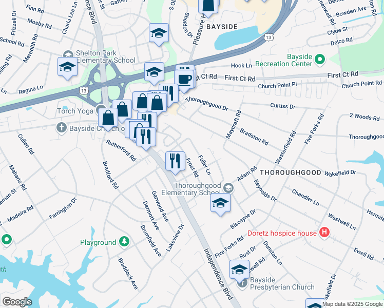 map of restaurants, bars, coffee shops, grocery stores, and more near 1552 Frost Road in Virginia Beach