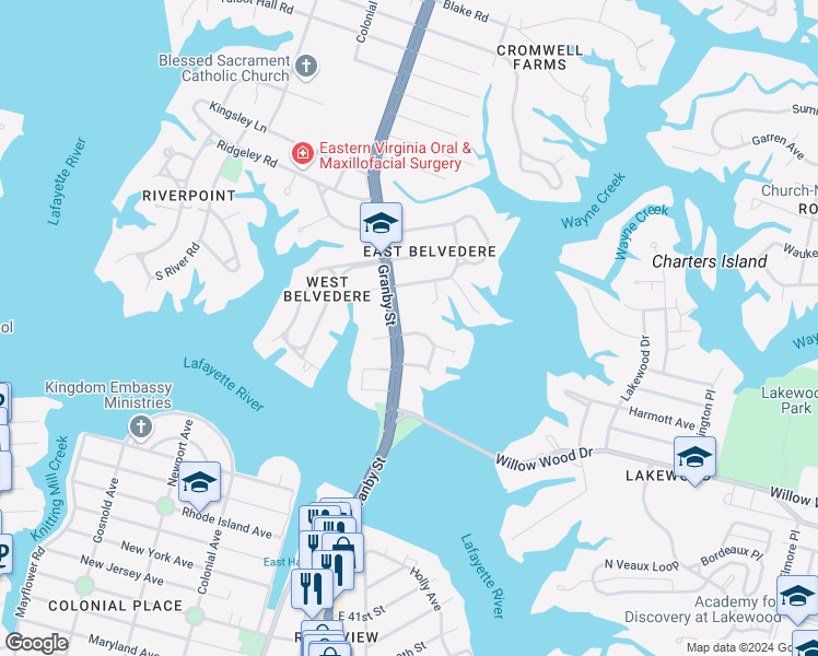map of restaurants, bars, coffee shops, grocery stores, and more near 5800 Granby Street in Norfolk