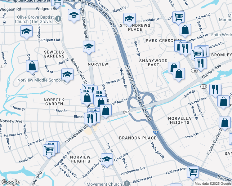 map of restaurants, bars, coffee shops, grocery stores, and more near 6224 Asfari Court in Norfolk