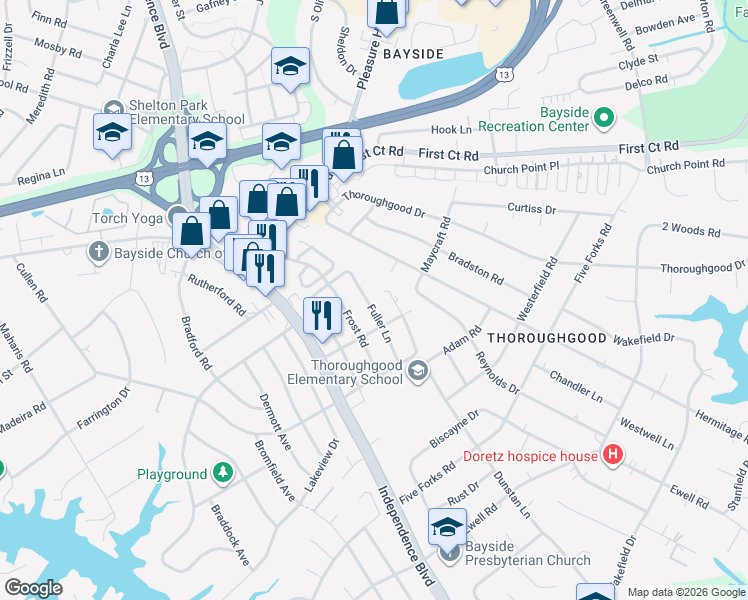 map of restaurants, bars, coffee shops, grocery stores, and more near 1552 Frost Road in Virginia Beach
