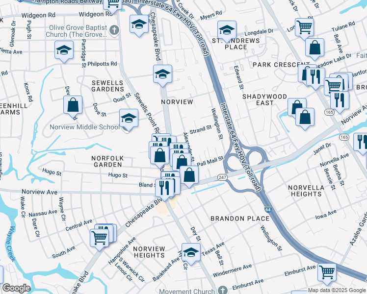 map of restaurants, bars, coffee shops, grocery stores, and more near 6224 Chesapeake Boulevard in Norfolk