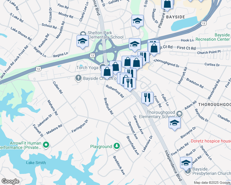 map of restaurants, bars, coffee shops, grocery stores, and more near 4917 Rutherford Road in Virginia Beach