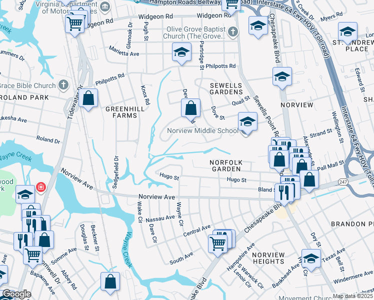 map of restaurants, bars, coffee shops, grocery stores, and more near 959 Winward Road in Norfolk
