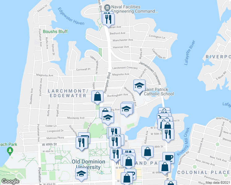 map of restaurants, bars, coffee shops, grocery stores, and more near 5512 Monroe Place in Norfolk