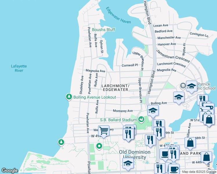 map of restaurants, bars, coffee shops, grocery stores, and more near 5412 Glenhaven Crescent in Norfolk