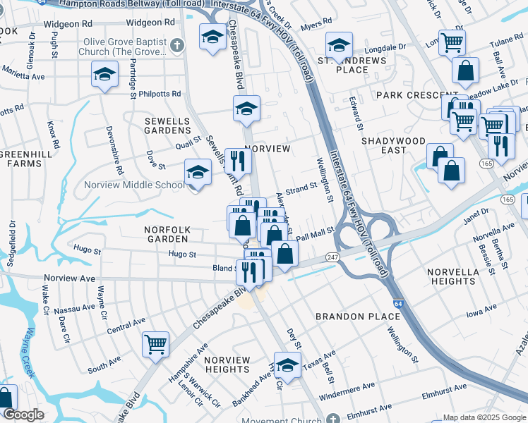 map of restaurants, bars, coffee shops, grocery stores, and more near 6234 Chesapeake Boulevard in Norfolk