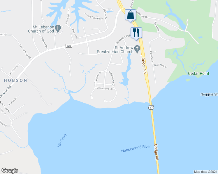 map of restaurants, bars, coffee shops, grocery stores, and more near 109 Governors Lane in Suffolk