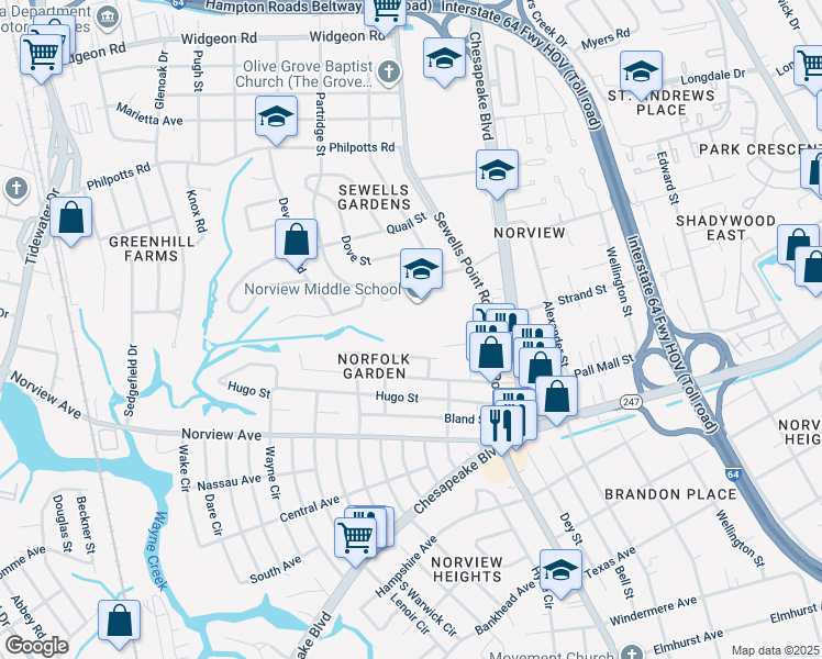 map of restaurants, bars, coffee shops, grocery stores, and more near in Norfolk