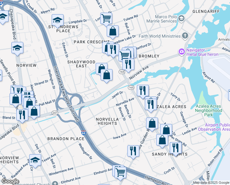 map of restaurants, bars, coffee shops, grocery stores, and more near in Norfolk