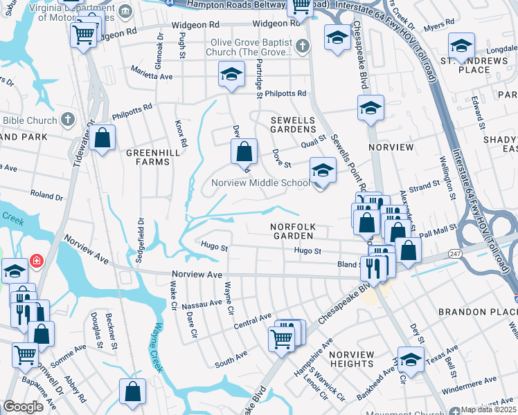map of restaurants, bars, coffee shops, grocery stores, and more near 1004 Winward Road in Norfolk