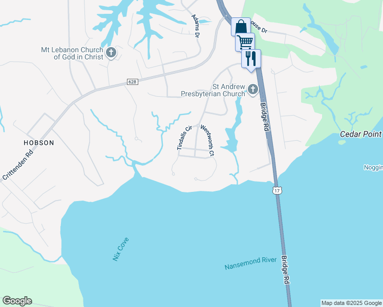 map of restaurants, bars, coffee shops, grocery stores, and more near 105 Governors Lane in Suffolk