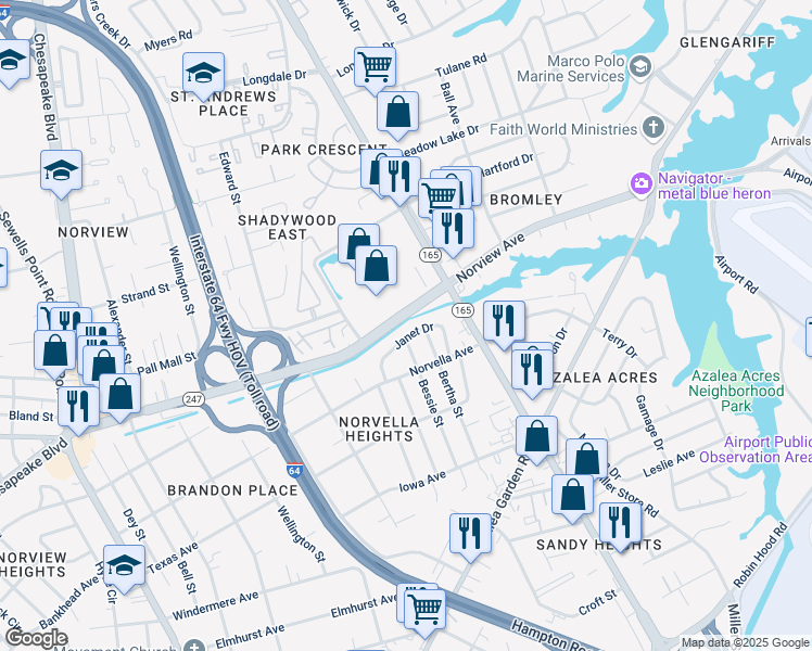 map of restaurants, bars, coffee shops, grocery stores, and more near in Norfolk