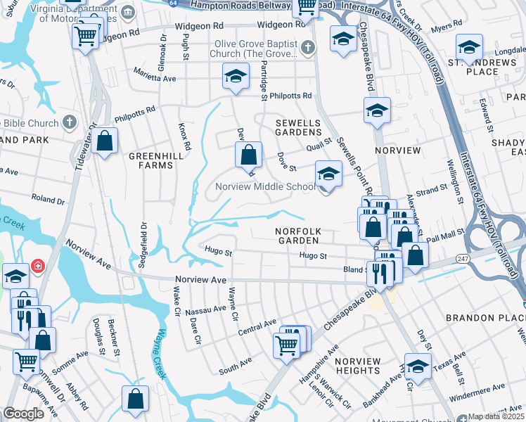 map of restaurants, bars, coffee shops, grocery stores, and more near 1004 Winward Road in Norfolk