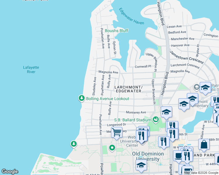map of restaurants, bars, coffee shops, grocery stores, and more near 5421 Walton Avenue in Norfolk