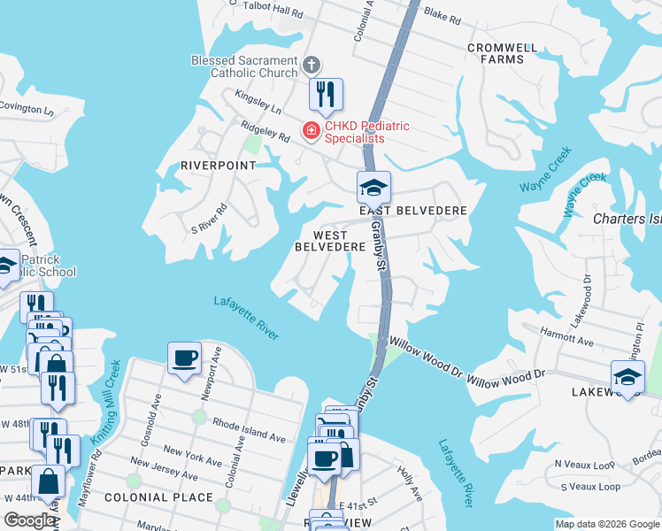 map of restaurants, bars, coffee shops, grocery stores, and more near 205 Regent Road in Norfolk