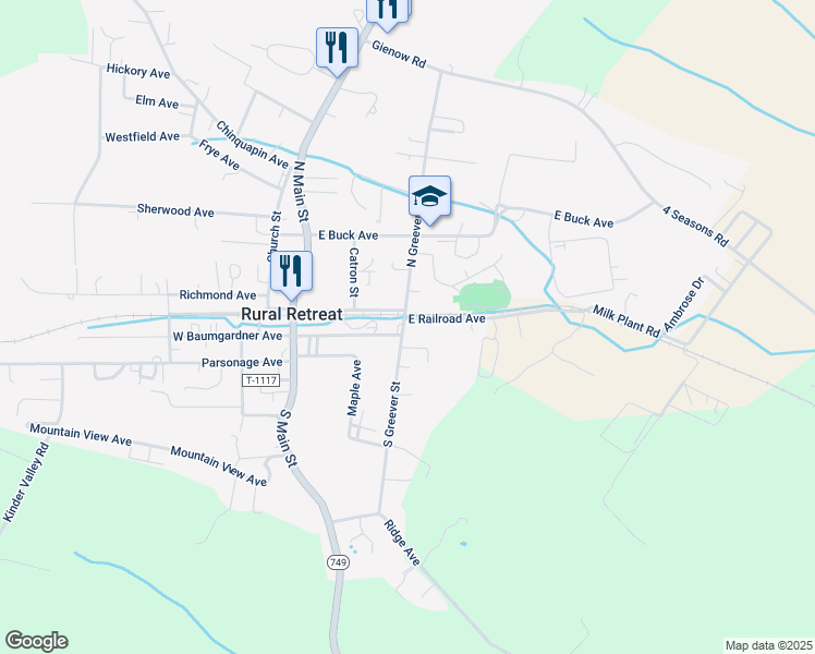 map of restaurants, bars, coffee shops, grocery stores, and more near 301 East Railroad Avenue in Rural Retreat