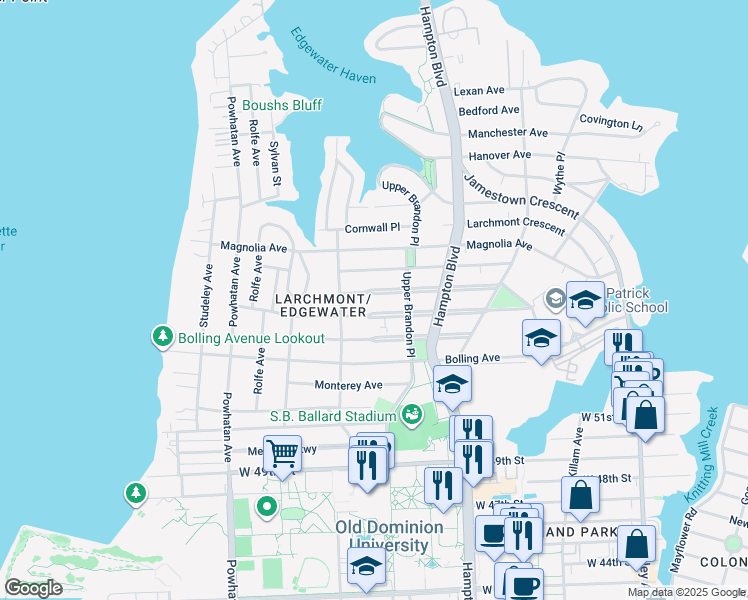 map of restaurants, bars, coffee shops, grocery stores, and more near 1333 Westmoreland Avenue in Norfolk