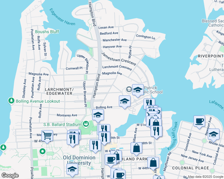 map of restaurants, bars, coffee shops, grocery stores, and more near 5610 Monroe Place in Norfolk