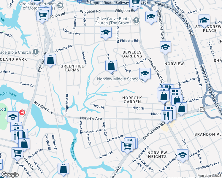 map of restaurants, bars, coffee shops, grocery stores, and more near 967 Winward Road in Norfolk