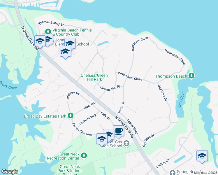 map of restaurants, bars, coffee shops, grocery stores, and more near 2508 Queens Elm Place in Virginia Beach