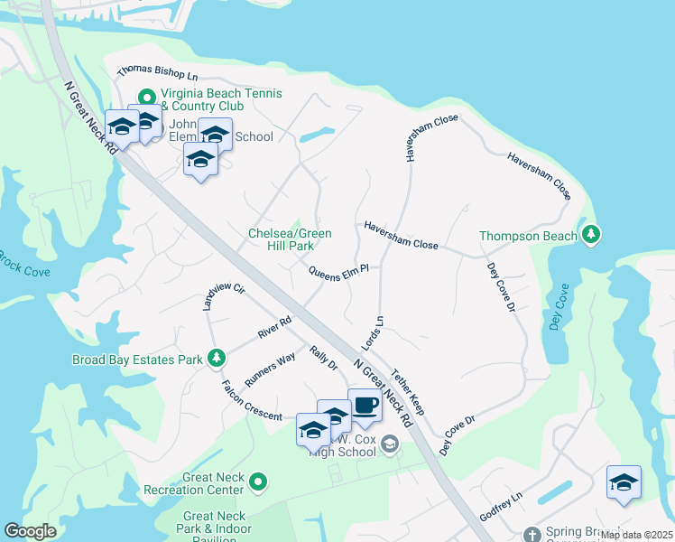 map of restaurants, bars, coffee shops, grocery stores, and more near 2508 Queens Elm Place in Virginia Beach