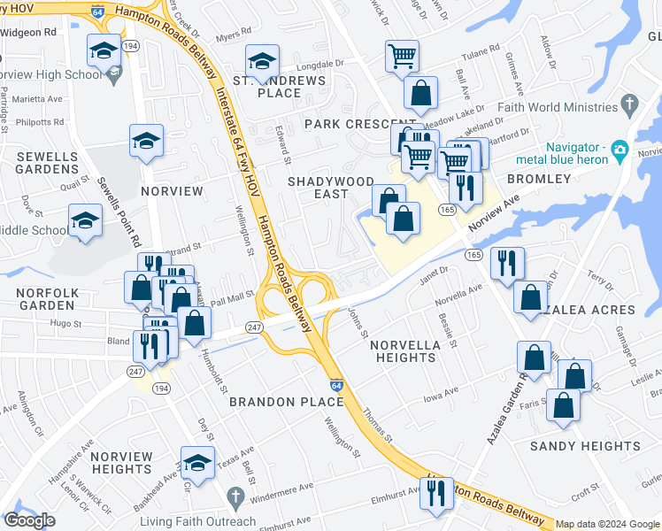 map of restaurants, bars, coffee shops, grocery stores, and more near 6176 Edward Street in Norfolk