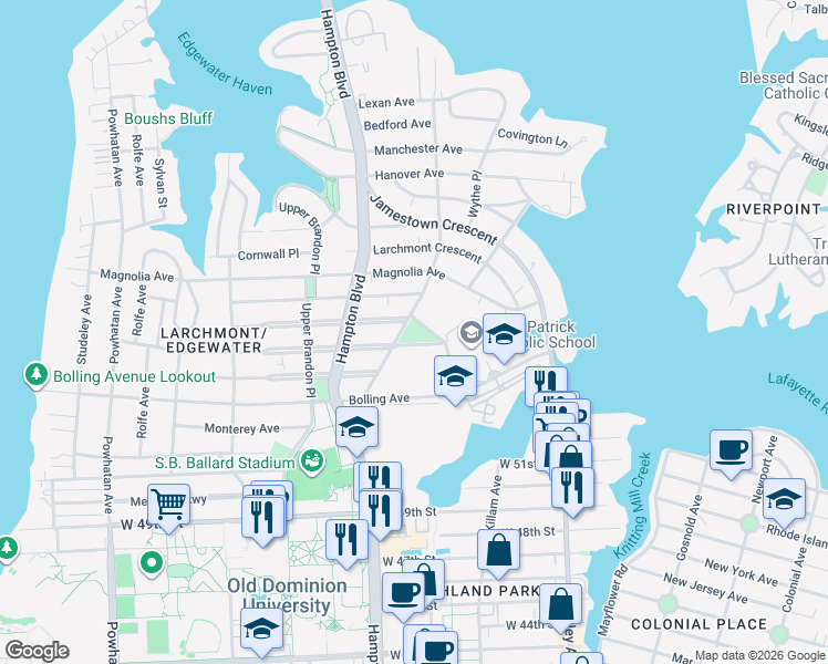 map of restaurants, bars, coffee shops, grocery stores, and more near 5610 Monroe Place in Norfolk