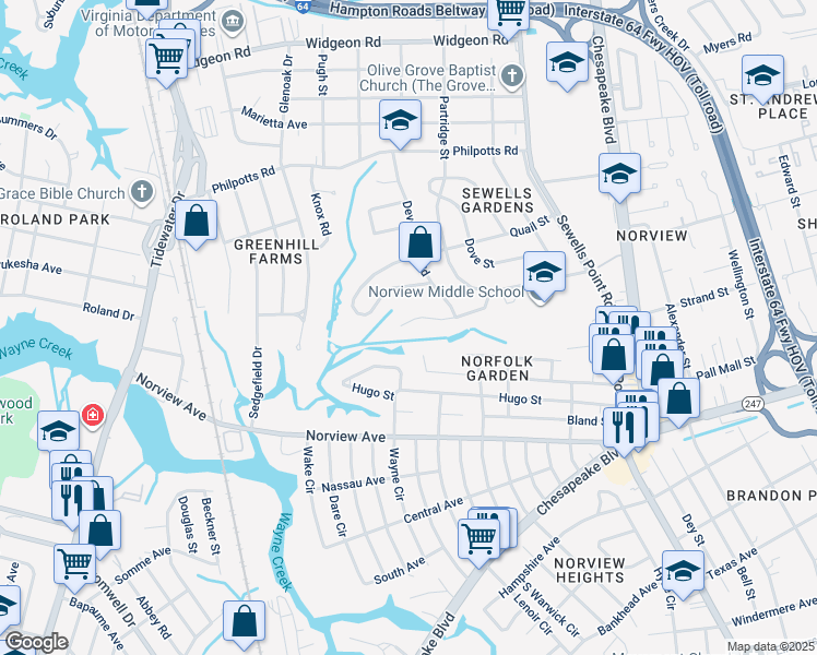map of restaurants, bars, coffee shops, grocery stores, and more near 959 Winward Road in Norfolk